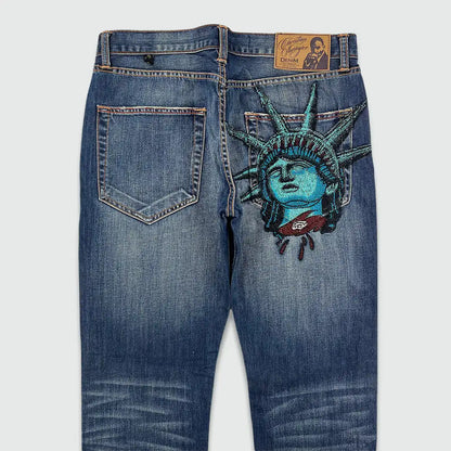 Y2k 2000s Statue of liberty Diamonds Denim Pants High Waist Straight Women Casual Wide Leg Jeans Harajuku Vintage Women Clothing - AMULET RING STORE