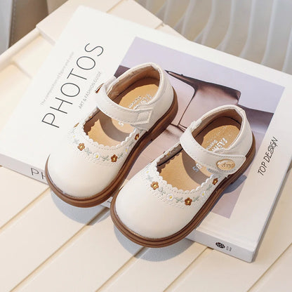Toddler Girl's Mary Janes Flower Embroider Shallow Sweet Children Leather Shoes Three Colors Hook-loop Comfy Kids Shoe 21-30 - AMULET RING STORE