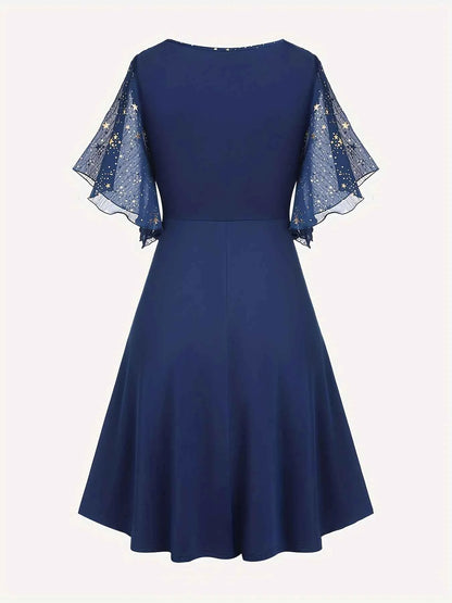 Fashion women's plus size explosions star print button pocket pleats butterfly sleeve elegant temperament dress