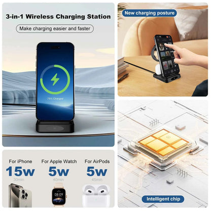 3-in-1 Wireless Charging Station 18W Travel Fast Charger Magnetic Wide Compatibility Foldable For iPhone Samsung Airpods iWatch