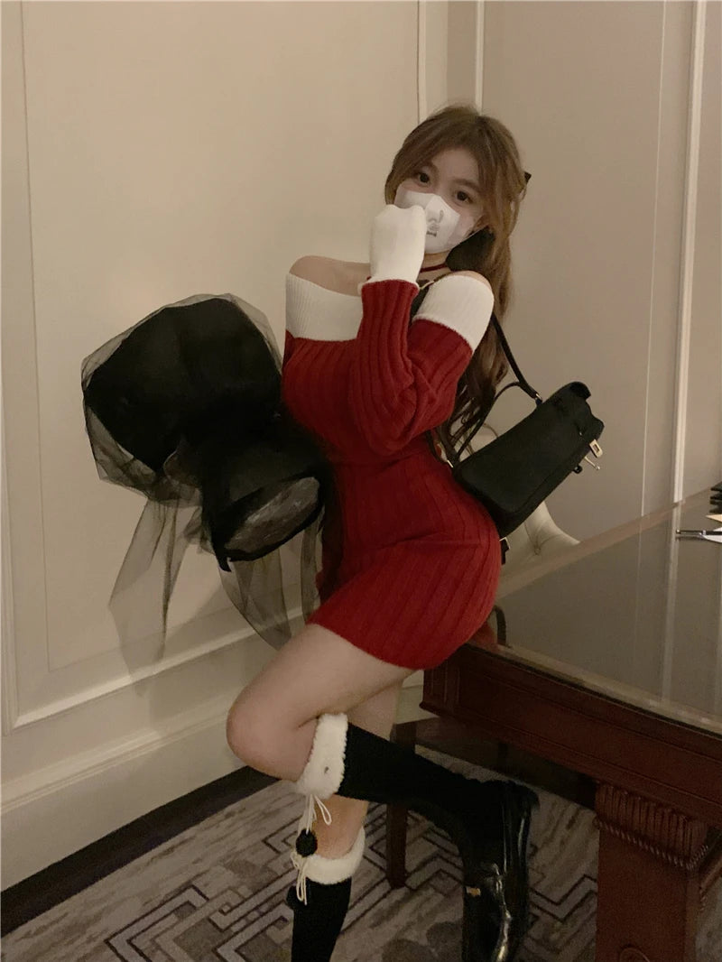 Sexy Red Christmas Dress Women Autumn Winter Korean Style Slash Neck Bodycon Knitted Dresses Female Elegant Y2k Party Mini Dress - AMULET RING STORE