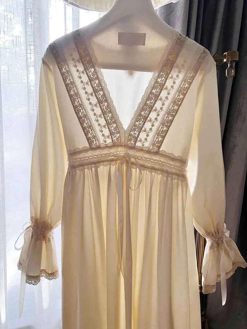 Vintage Embroidery Cotton Long Nightgowns For Lady Lace  Long Sleeve Beige Elegant Nightshirts Comfortable Sexy Night Dress