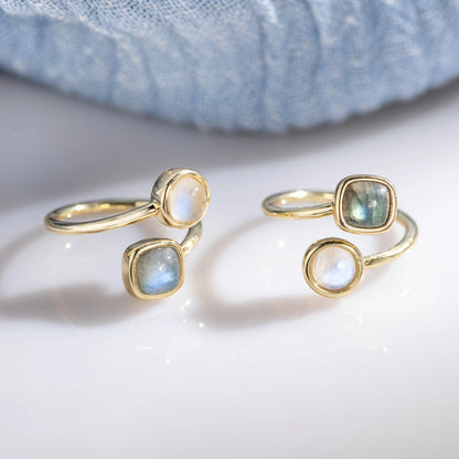 Natural Round Moonstone & Square Labradorite Double Stone Open Ring Luxury Adjustable Copper Rings for Woman Anniversary Gifts