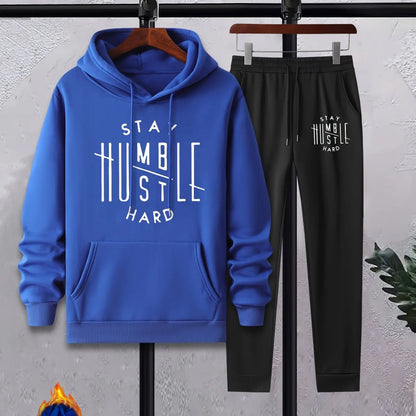 Men's Autumn/Winter Casual Fashion Warm Alphabets Pattern Printed Loose Thick Velvet Hoodie+Sports Pants Set