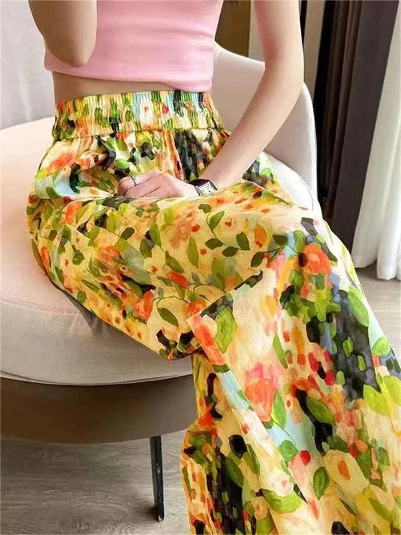 Beach Pants Loose Wide-Leg Pant Female Seaside Leisure INS High Waist Cropped Pant Straight Floral Trousers 2024 Summer New