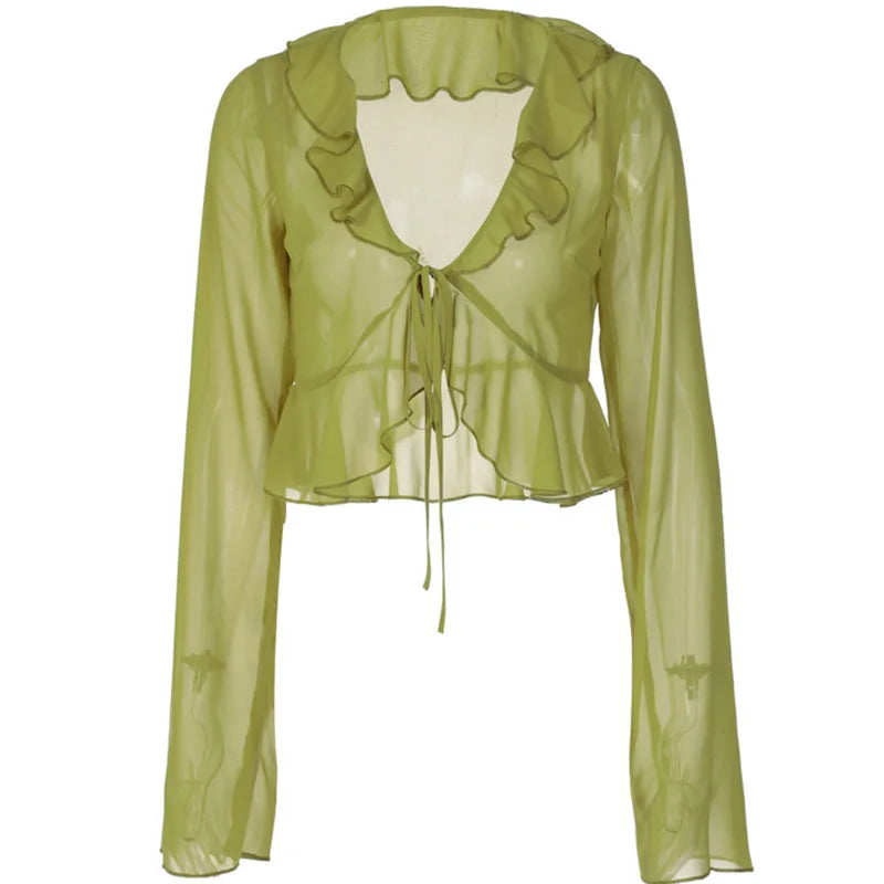 Vintage 90s Streetwear Ruffles Trim Green Chiffon T-shirts Y2K Fashion Sexy Deep V Lace Up Long Sleeve Tops Transparent - AMULET RING STORE