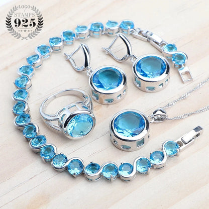 925 Sterling Silver Jewelry Sets Bridal Women Natural Magic Rainbow Zircon Earrings Ring Bracelets Pendant Wedding Necklace Set - AMULET RING STORE