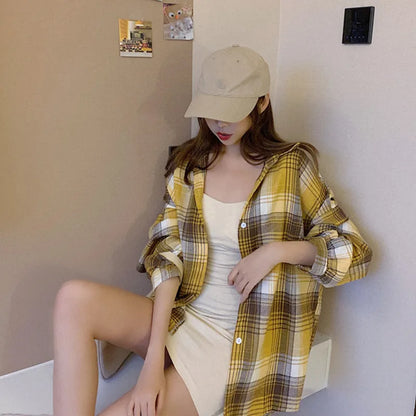 Plaid Shirt Women Spring Long Sleeve Top Female Vintage OL Fashion Single Breasted Blouse Ladies Preppy Style Loose Check Shirts