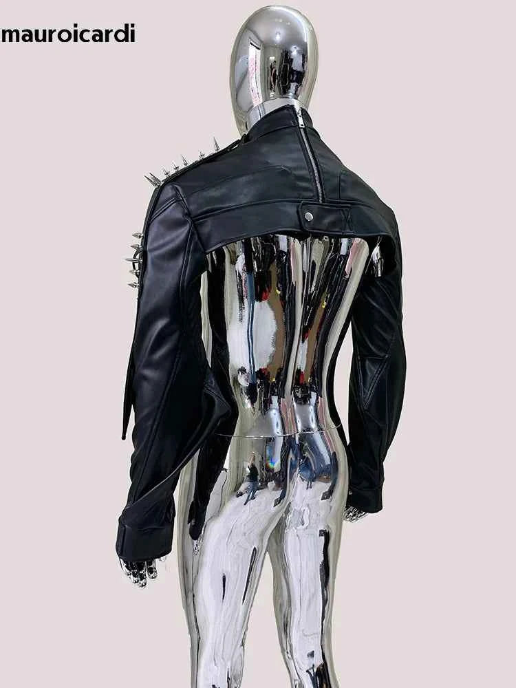 Mauroicardi Spring Autumn Cool Black Cropped Faux Leather Jacket Men Rivet Long Sleeve Zip Up Luxury Punk Style Emo Clothes 2025