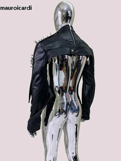 Mauroicardi Spring Autumn Cool Black Cropped Faux Leather Jacket Men Rivet Long Sleeve Zip Up Luxury Punk Style Emo Clothes 2025