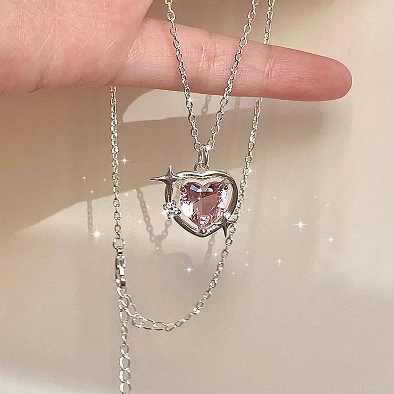 Korean Fashion Pink Crystal Heart Bow Tie Pendant Necklace Silver Color Chain Neck Necklace for Women Wedding Aesthetic Jewelry