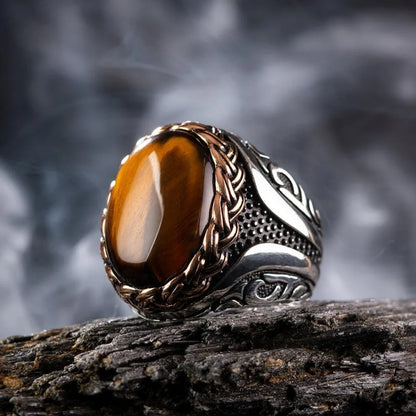 Brown tiger eye stone men and women retro new trend ring Turkish handmade spiral carving ring party niche jewelry