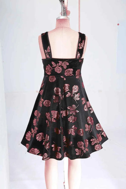 ROSEGAL Plus Size Gilding Rose Lace Up Velvet Sleeveless Swing Dress Women Summer Casual Knee-Length Dress Vestidos With Pocket