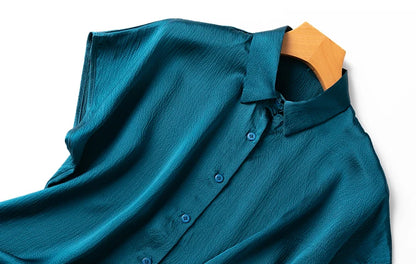 Women 100% Mulberry Silk 20 momme Heavy Silk Peacock Blue Collared Short Sleeve Buttons Down Shirt Top Blouse office work MM567