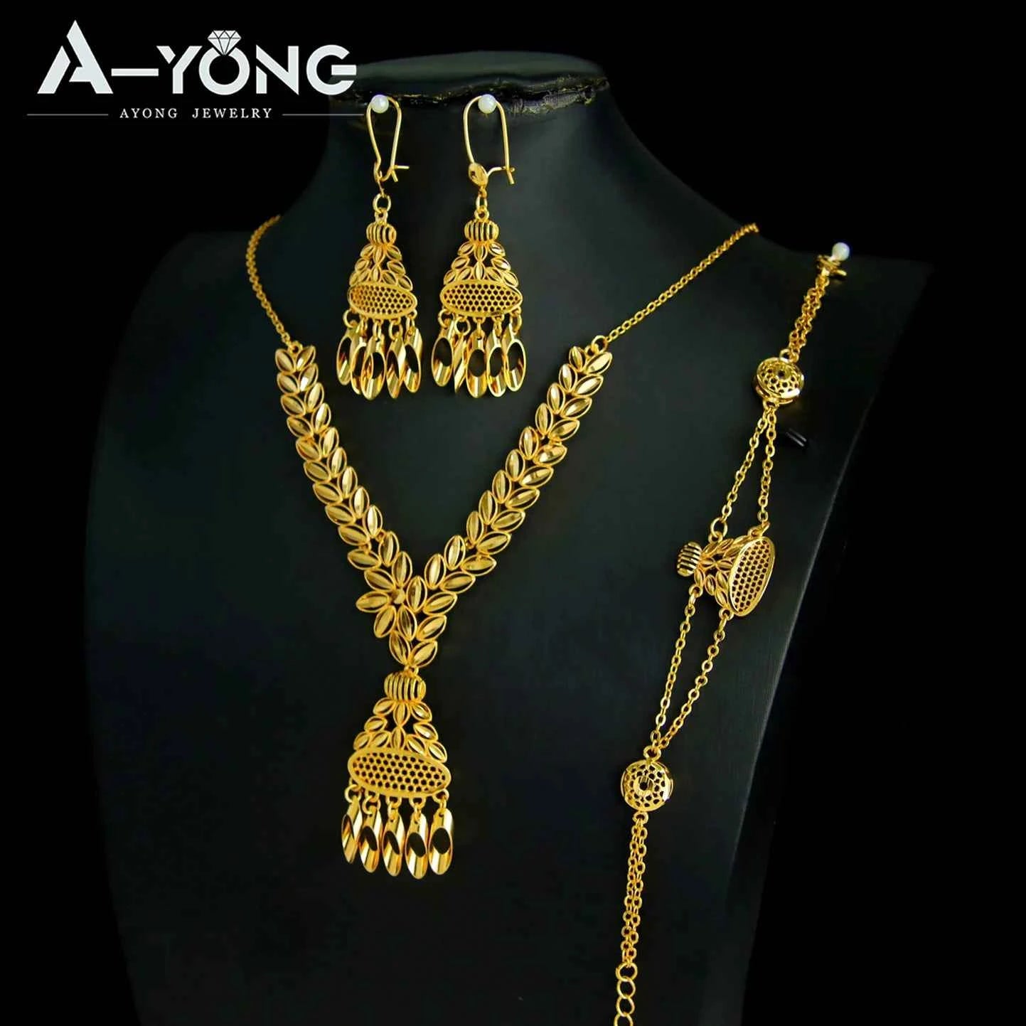 Luxury Dubai Wedding Jewelry Set 21k Gold Plated Arab Bridal Gold Necklace Bracelet Earrings Brazilian Women Vintage Jewelrys