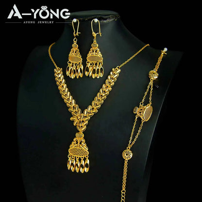 Luxury Dubai Wedding Jewelry Set 21k Gold Plated Arab Bridal Gold Necklace Bracelet Earrings Brazilian Women Vintage Jewelrys