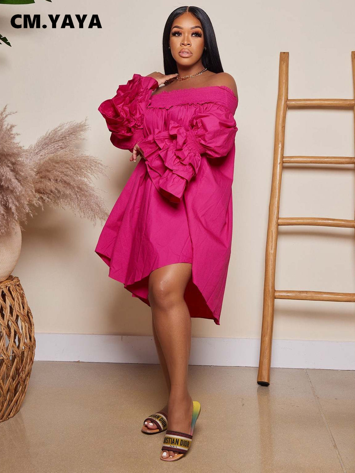 CM.YAYA Chic Women Cascading Ruffles Petal Off Shoulder Long Sleeve Smock Dress 2022 Big Swing Loose Blouse Sundress Vestidos - AMULET RING STORE