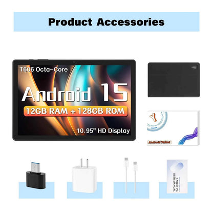 Tablet 10.95 inch Android 15 Tablets, 12GB RAM 128GB ROM 1TB Expand, Octa-core Processor, 1280x800 IPS, 8000mAh Battery (Black)