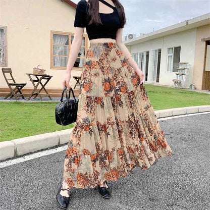 Retro Floral Pleated to Ankle f Skirt Women's Draped High Waist Midi A-Line Skirt Polyester Fiber Spring Season
