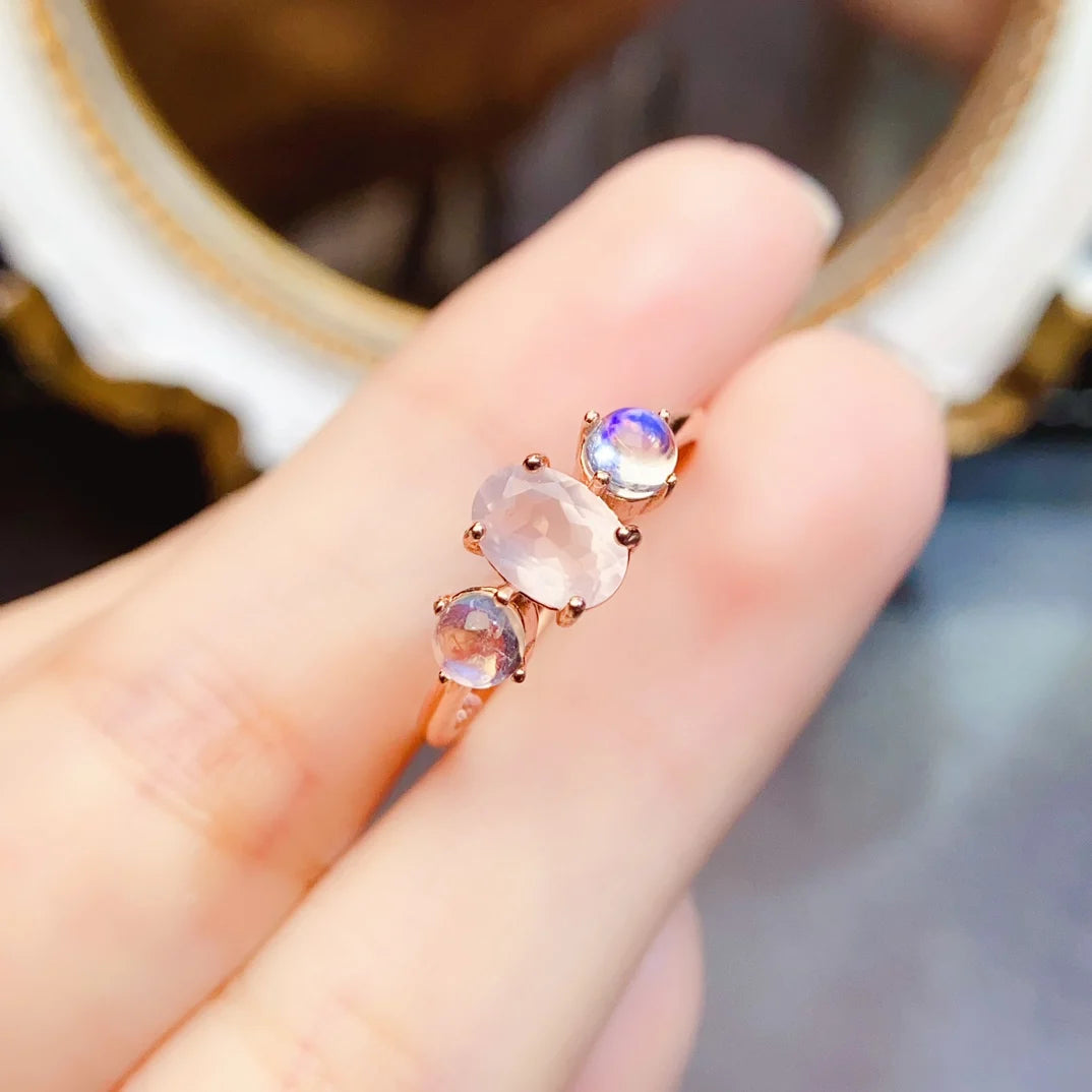 FS 5*7mm Natural Rose quartz Moonstone Ring S925 Sterling Silver Fine Charm Weddings Jewelry for Women MeiBaPJ With Certificate