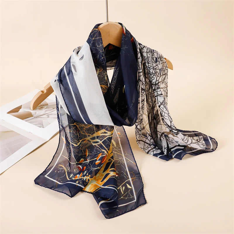 45*155cm Print Design Women Silk Scarf Shawl Elegant Headscarf Convinient Bandage Hijabs Chiffon Muslim Wrap Scarves - AMULET RING STORE