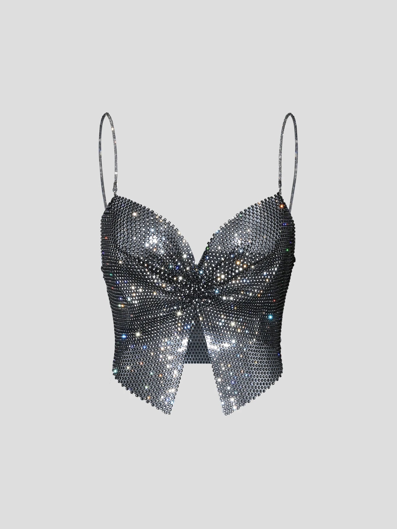 Summer Women Elastic Fishnet Crop Top Glitter Rhinestone Mesh Fine Flash Shoulder Strap V Neck Tank Top Rave Festival Camisole - AMULET RING STORE