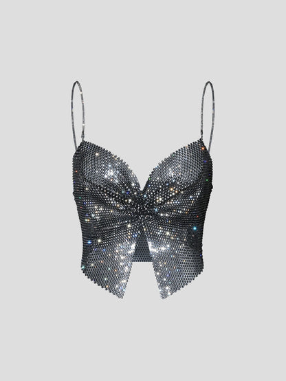 Summer Women Elastic Fishnet Crop Top Glitter Rhinestone Mesh Fine Flash Shoulder Strap V Neck Tank Top Rave Festival Camisole - AMULET RING STORE