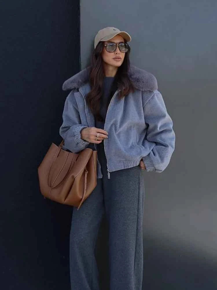 Solid Twill Denim Jacket Women Chic Patchwork Fur Collar Lapel Full Sleeve Zipper Pockets Loose Coat Lady Commute Street Wear
