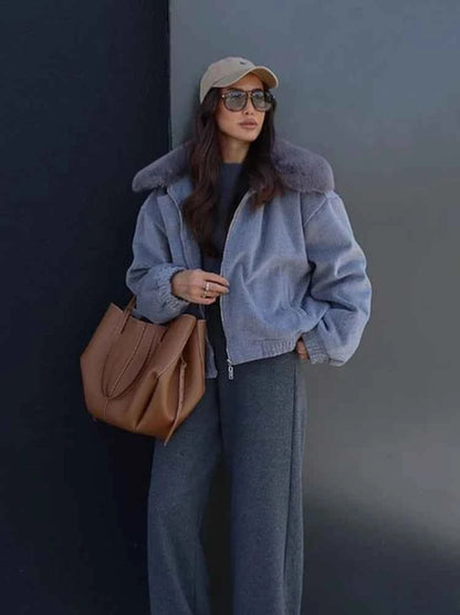 Solid Twill Denim Jacket Women Chic Patchwork Fur Collar Lapel Full Sleeve Zipper Pockets Loose Coat Lady Commute Street Wear