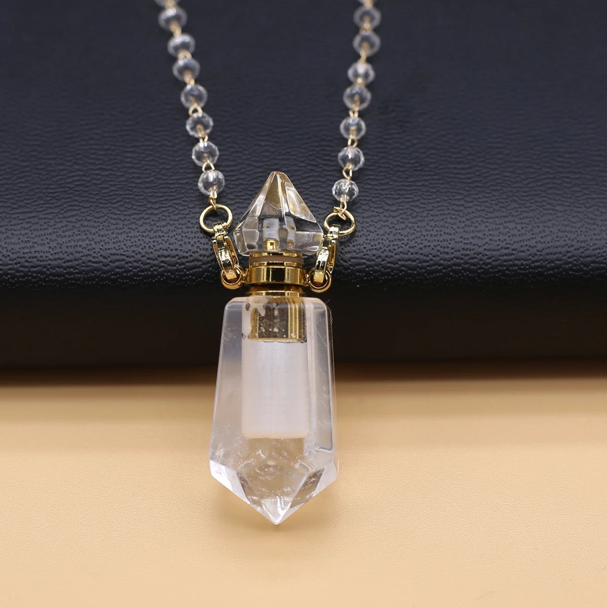 Natural Clear Quartz Stone Essential Oil Diffuser Pendant Stone Bead Chain Perfume Bottle Pendant Necklace Women Jewelry Party - AMULET RING STORE