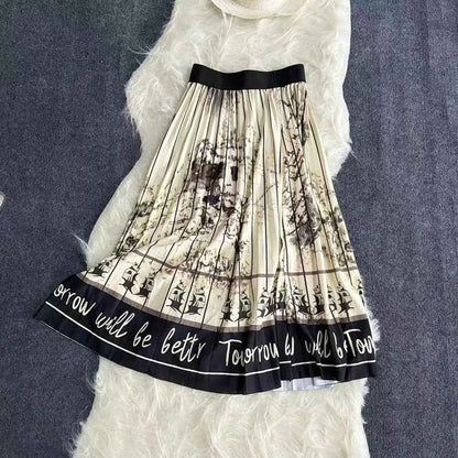 Autumn Skirts Womens New Vintage Floral Print Pleated Skirt Elastic High Waist Casual Midi Skirt Women Clothes Jupe