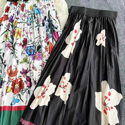 Autumn Skirts Womens New Vintage Floral Print Pleated Skirt Elastic High Waist Casual Midi Skirt Women Clothes Jupe