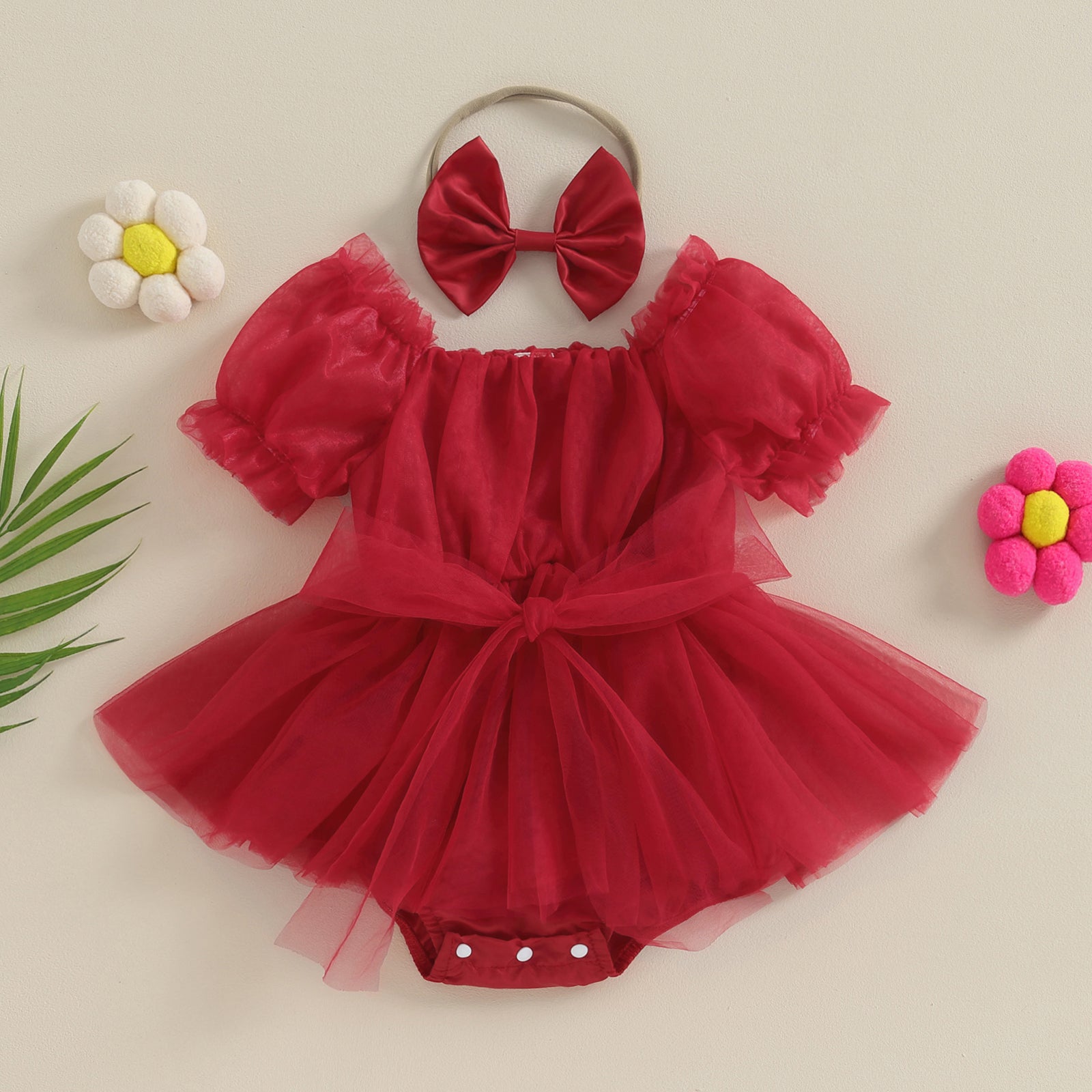 ma&baby 0-24M Christmas Newborn Infant Baby Girl Red Romper Tulle Bow Ruffle Jumpsuit Party Xmas Costumes Headband Outfits D05 - AMULET RING STORE