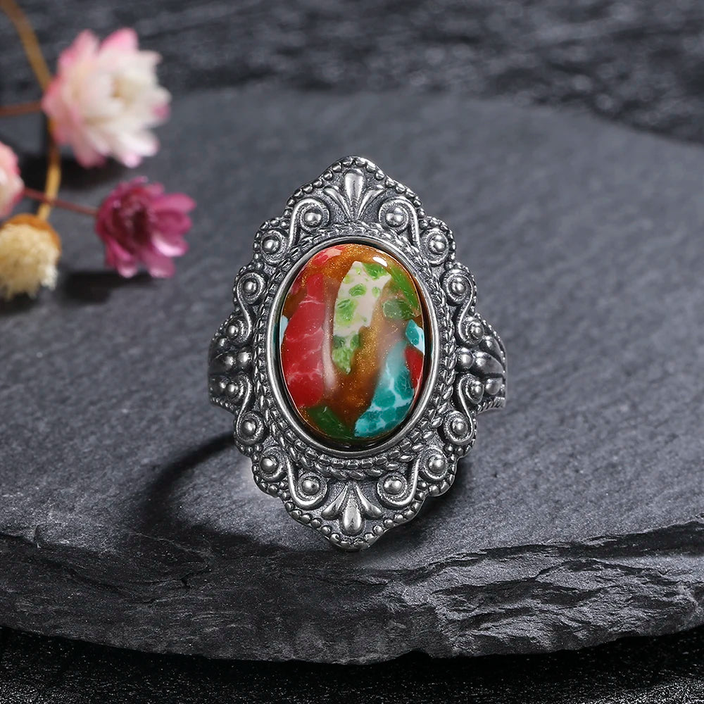 Vintage Natural Emperor Stone Ring S925 Silver Retro Hollow Luxury Fine Jewelry Wedding Gift for Women - AMULET RING STORE