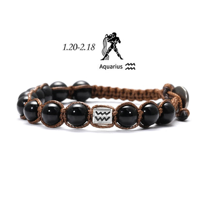 12 Zodiac Natural Stone Obsidian Hand-Woven Bracelets Cancer  Pisces Men's Bracelets Couples Friendship Jewelry pulseras hombre