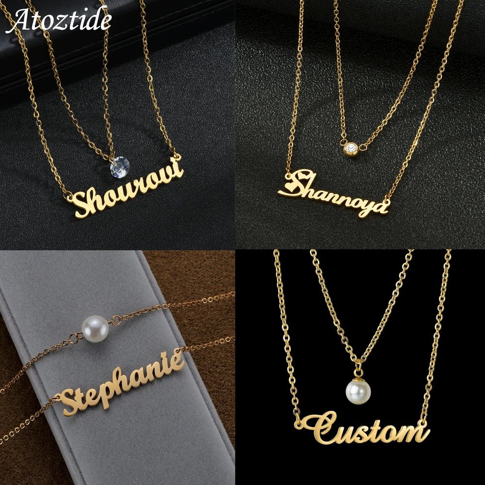 Atoztide Custom Name Necklace Double Layers Zircon Beads Stainless Steel Personalized Pendant Choker for Women Jewelry Gifts