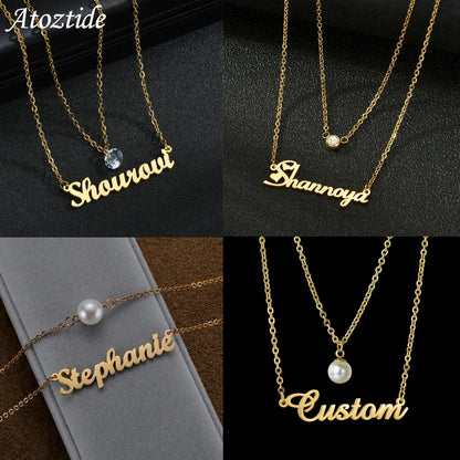 Atoztide Custom Name Necklace Double Layers Zircon Beads Stainless Steel Personalized Pendant Choker for Women Jewelry Gifts