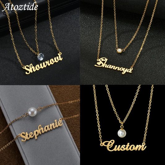 Atoztide Custom Name Necklace Double Layers Zircon Beads Stainless Steel Personalized Pendant Choker for Women Jewelry Gifts