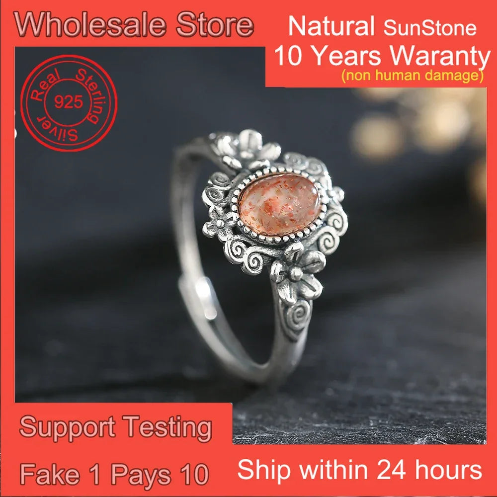 Natural Sunstone Ring S925 Silver Vintage Handmade Adjustable Bands Birthstone Healing Crystal Floral Boho Jewelry Gifts - AMULET RING STORE