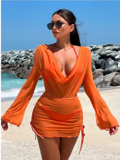 2024 Red 3 Pieces Set Swimsuit Women Thong Swimwear Sexy Matching Bikini Set Long Sleeve Dress Cover Up Beachwear Bathing Suit