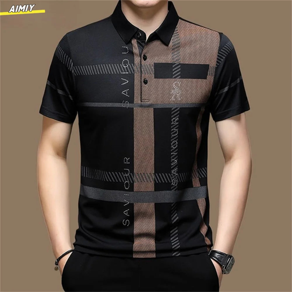Men's Polo Shirt Business Casual Summer Short Sleeves Tops Pattern Print Button T Shirt Loose Clothes Fashion Polo T Shirt