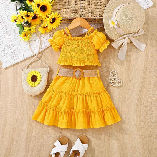 Girls Summer Sunflower Outfit with Shoulder Bared Bubble Sleeve Top And Flounce Hem Short Skirt Two Piece Set