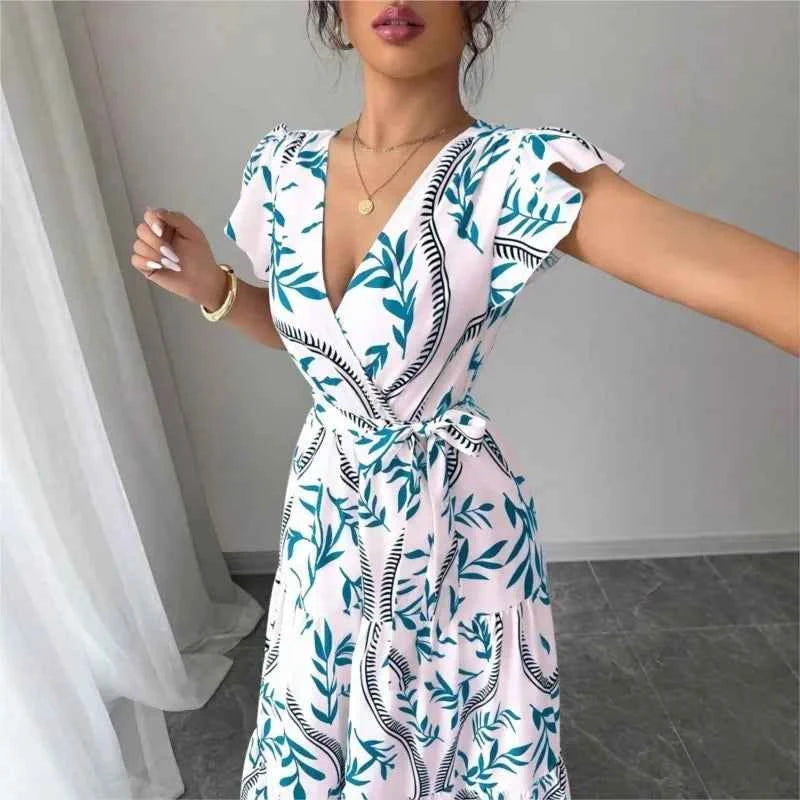 New Summer Women's Printed Lace-up Dress,Short Sleeved Dresses,White Dresses,Elegant Dresses For Ladies,Woman's 2025 Clothing