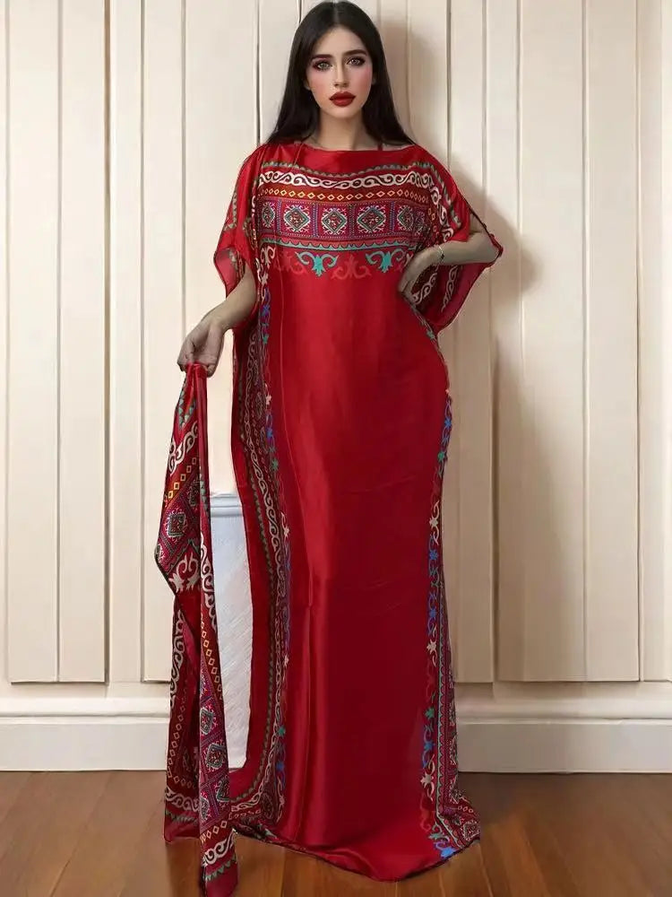 WINYI African Muslim Lady Summer Boho fashion Printed Kaftan holiday Dress loose Streetwear Abaya with belt beach dress