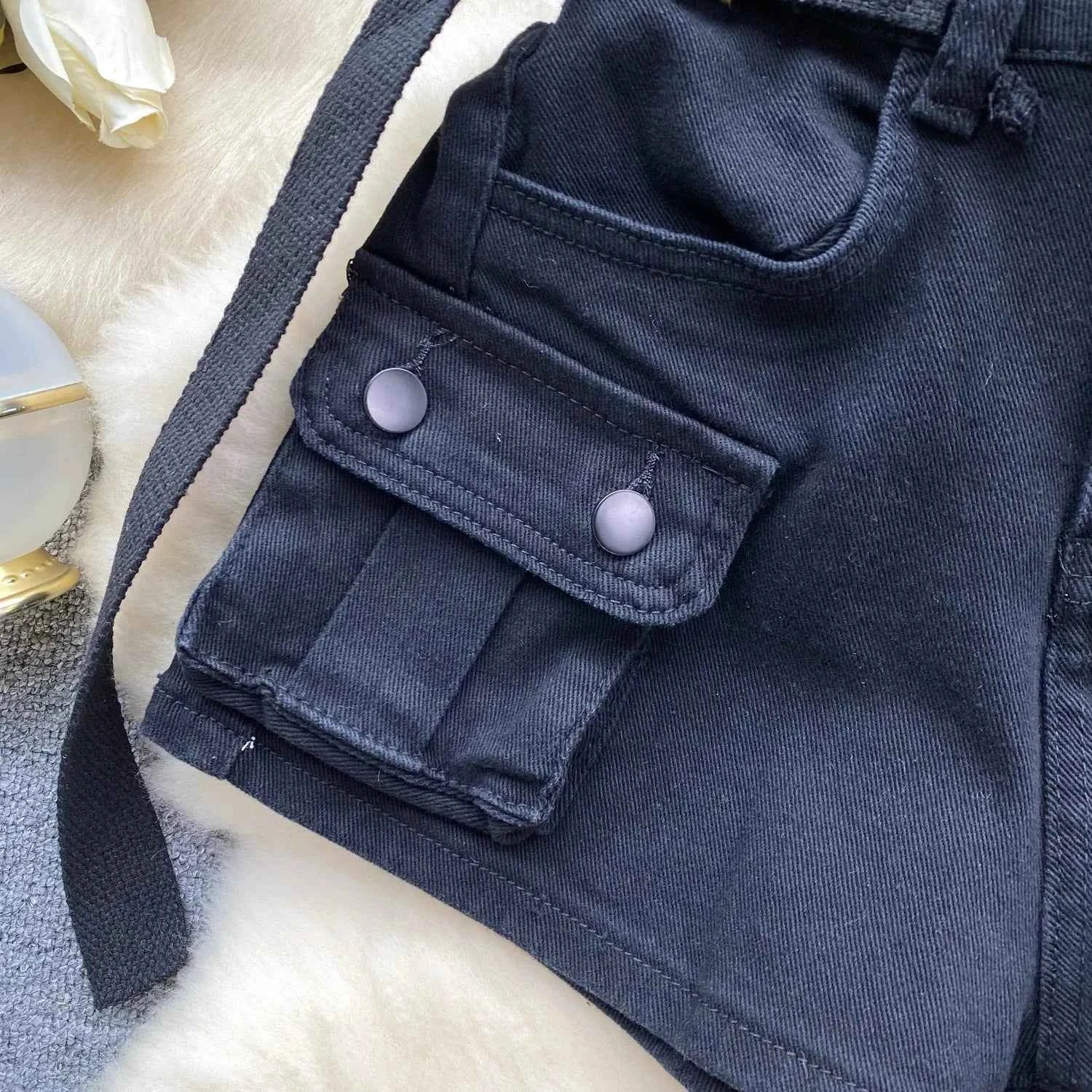 Women's Summer High Waisted Stretchy Denim Shorts Korean Cargo Style Slim Fit Ultra Short Hot Pants with Large Pockets for Dance