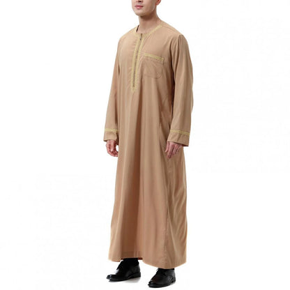 Traditional Muslim Clothing Men's Muslim Shirt robe embroidery Islamic Royalty Dubai Robe O-Neck Long Sleeve Retro Loose Abaya - AMULET RING STORE