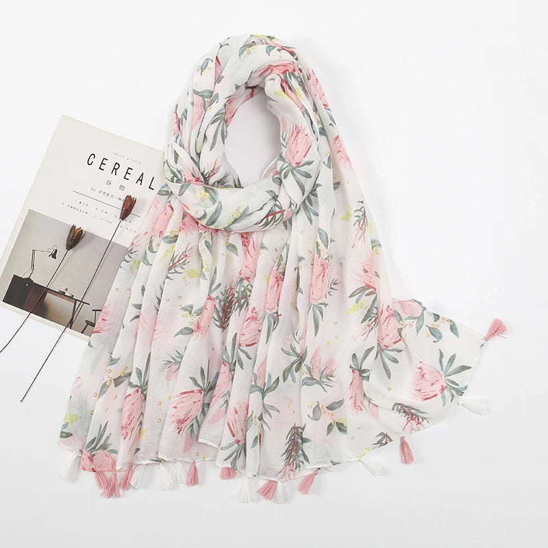 Fashion Printing Flower Tassel Shawl Cotton Viscose Scarf Women Beach Sunscreen Shawl Muslim Hijab Wrap Headscarf 180*90cm - AMULET RING STORE