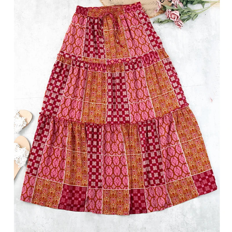 Summer Women Loose Bohemian Skirt New Fashion Elegant A-line Swing Beach Skirts Ladies Casual Elastic High Waist Printed Skirt