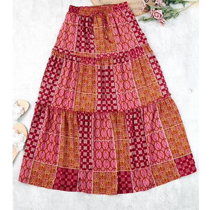Summer Women Loose Bohemian Skirt New Fashion Elegant A-line Swing Beach Skirts Ladies Casual Elastic High Waist Printed Skirt