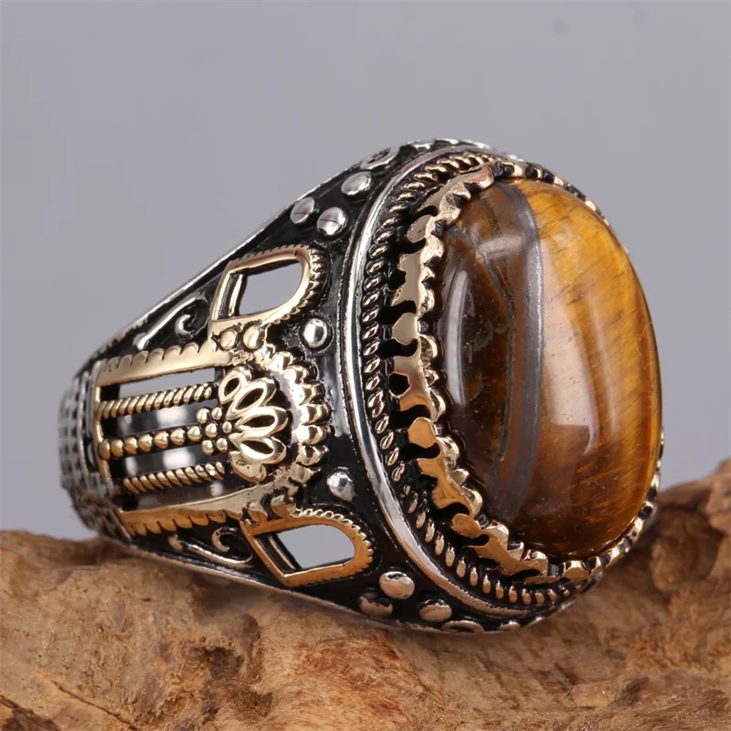 Brown Retro Tiger Stone Men's Ring Personality Ring Fashion Temperament To Attend The Banquet Luxury